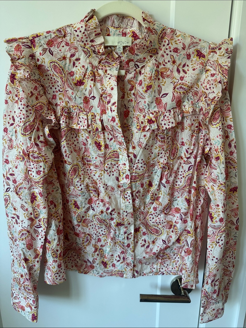 Pinch Floral Paisley Ruffle Button-Down Blouse in Cream, Pink, Yellow